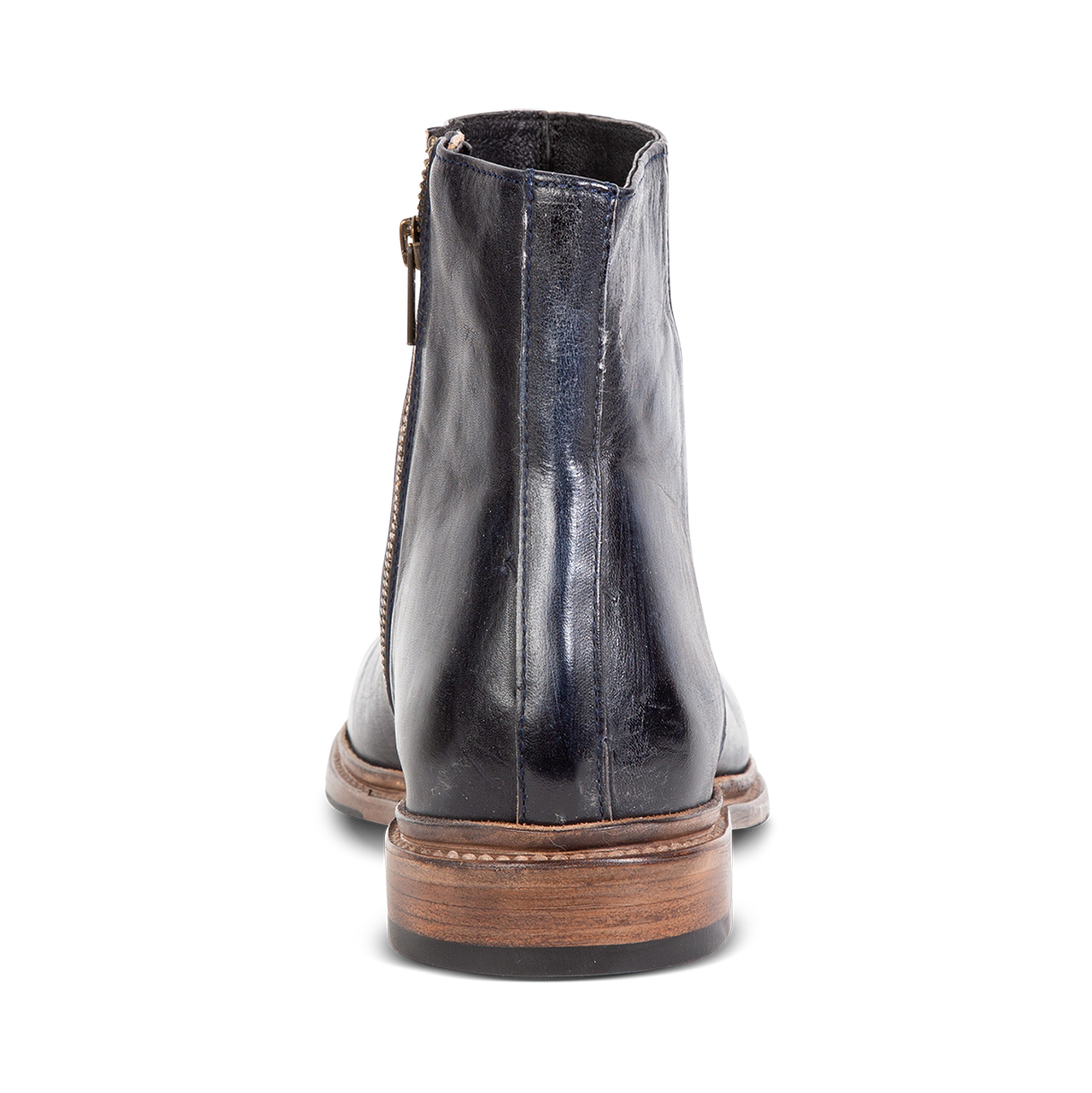 Back view showing FREEBIRD men's Douglas navy leather ankle boot with a low, lifted heel