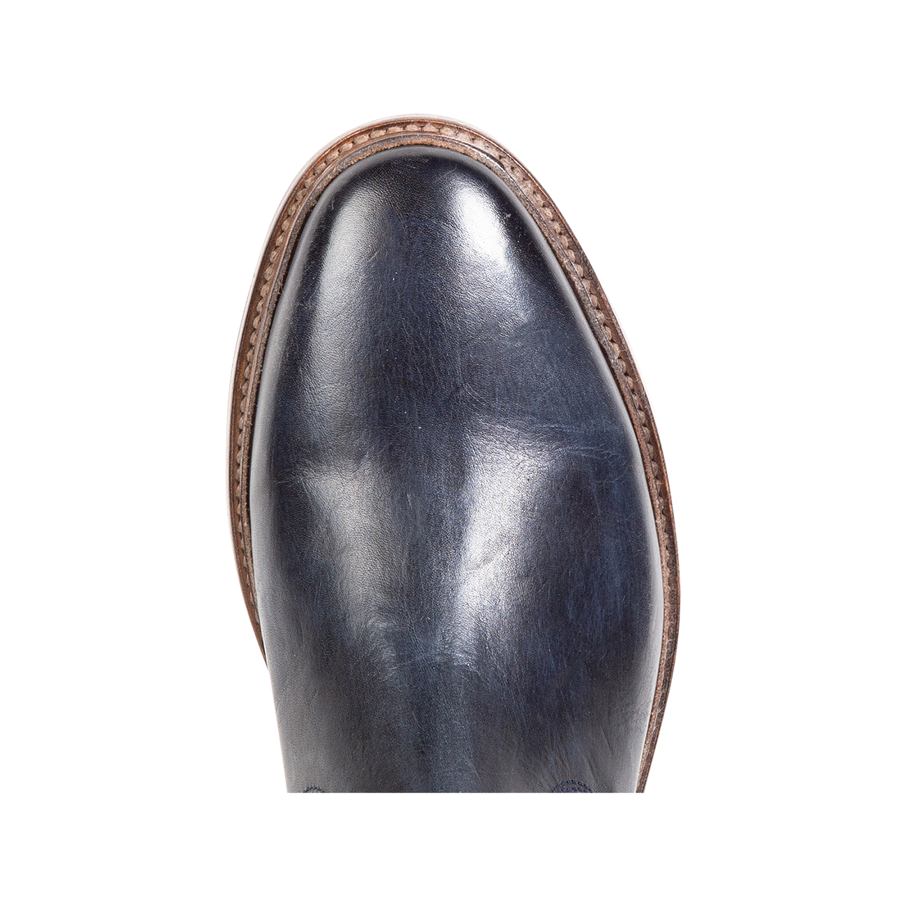 Top view showing an almond toe silhouette and 100% full grain leather on FREEBIRD men's Douglas navy leather ankle boot