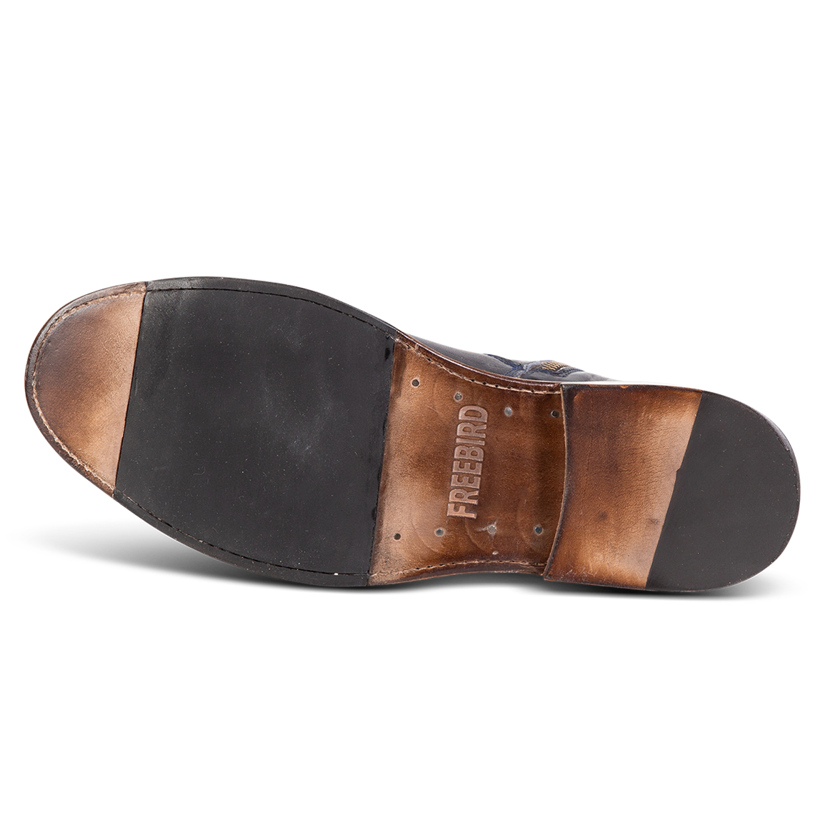 Leather and rubber sole imprinted with FREEBIRD on men's Douglas navy leather ankle boot