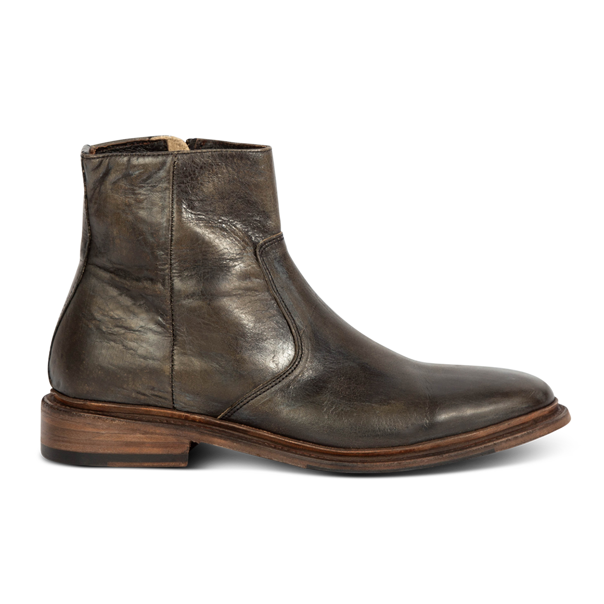 FREEBIRD men's Douglas olive leather ankle boot with an almond toe, inside zip and low heel