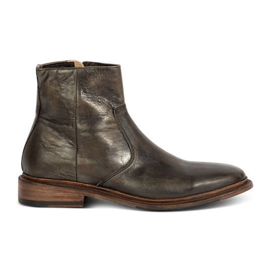 FREEBIRD men's Douglas olive leather ankle boot with an almond toe, inside zip and low heel