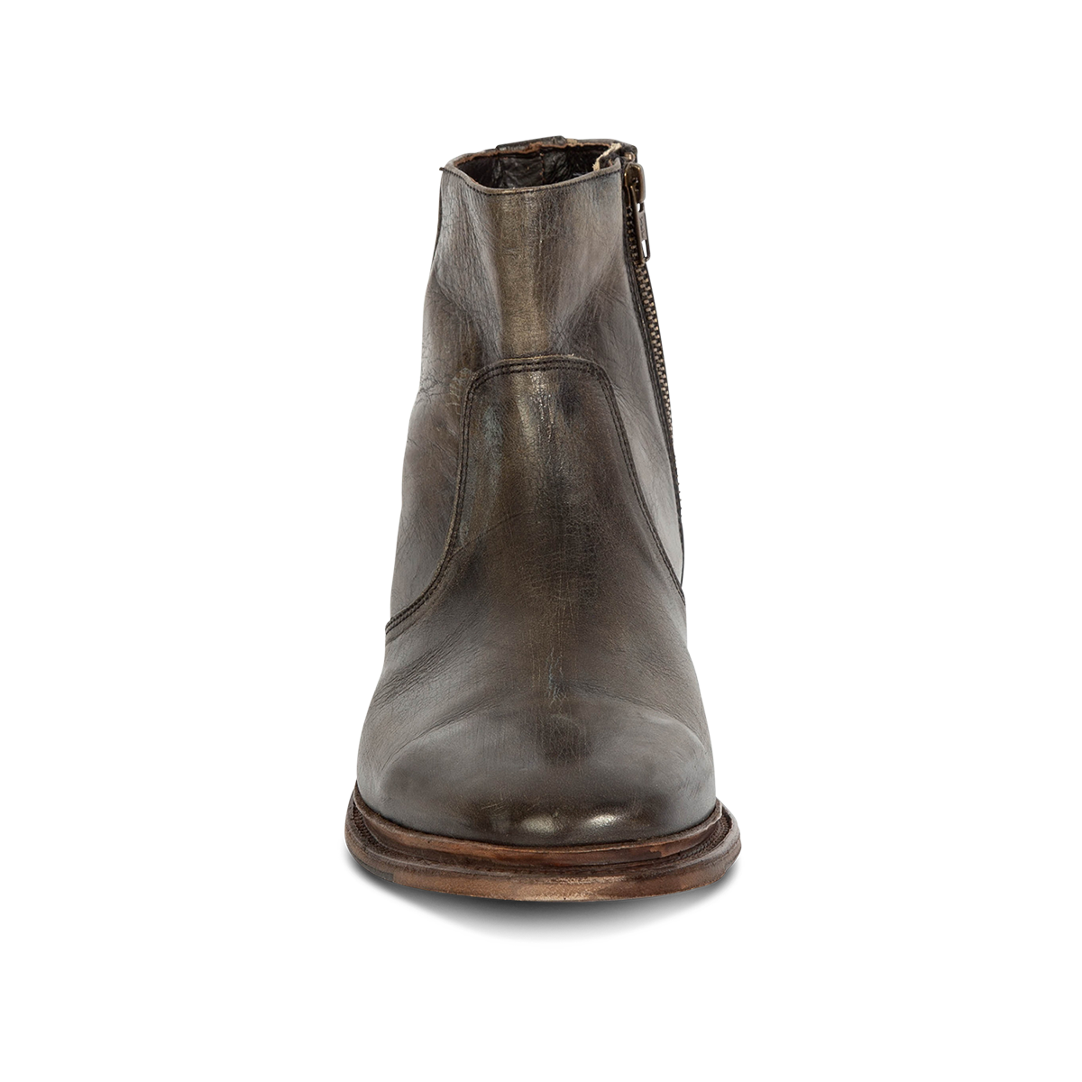 Front view showing FREEBIRD men's Douglas olive leather ankle boot with an almond toe, inside zip and low heel