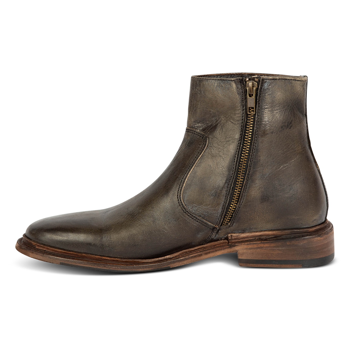 Inside view showing FREEBIRD men's Douglas olive leather ankle boot with an almond toe, inside zip and low heel
