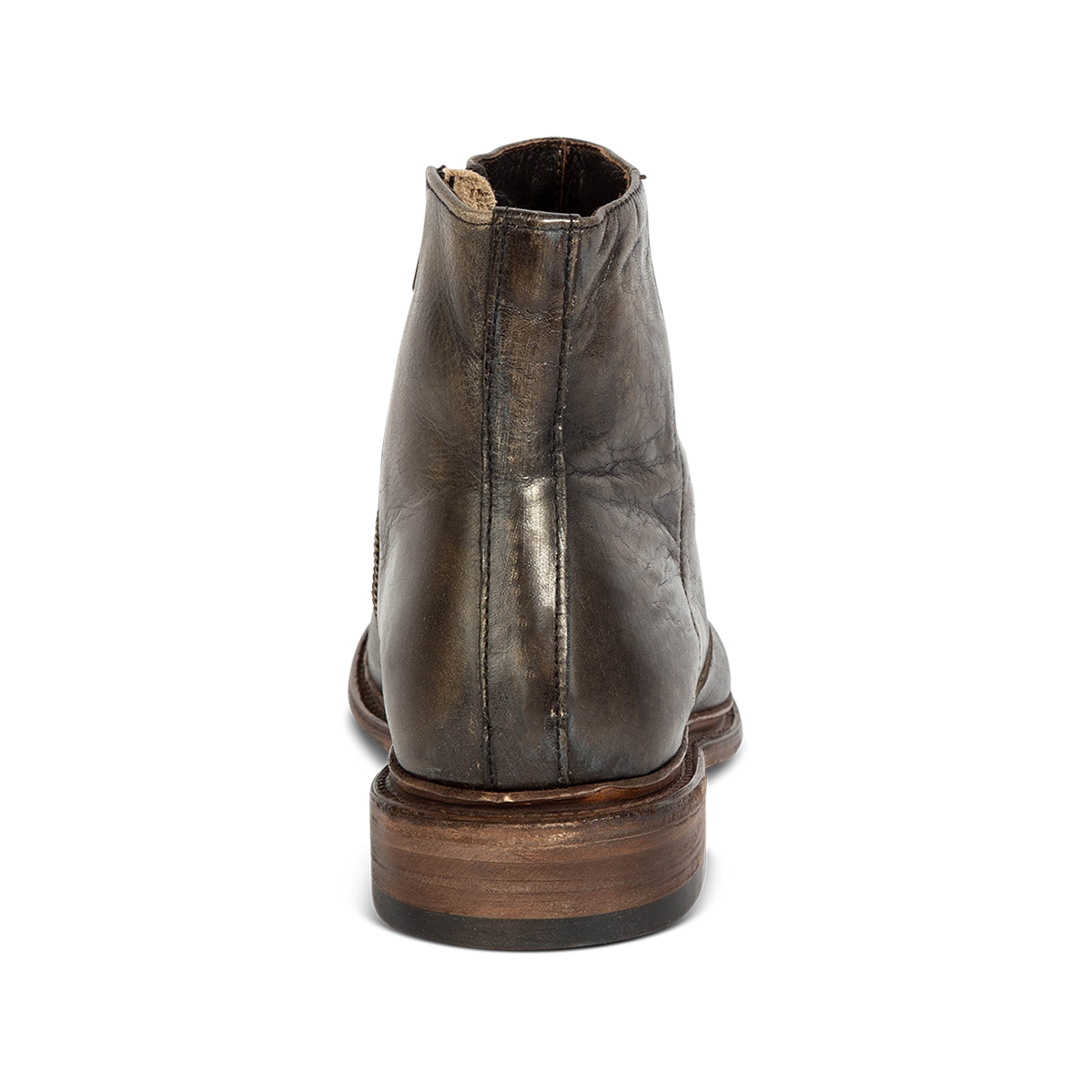 Back view showing FREEBIRD men's Douglas olive leather ankle boot with a low, lifted heel