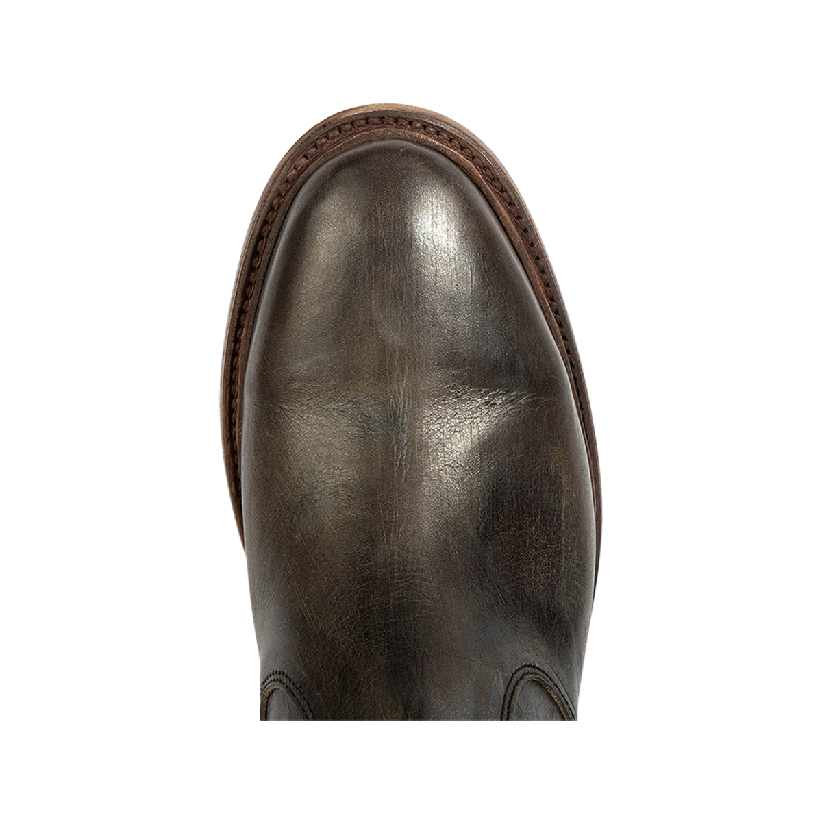 Top view showing an almond toe silhouette and 100% full grain leather on FREEBIRD men's Douglas olive leather ankle boot