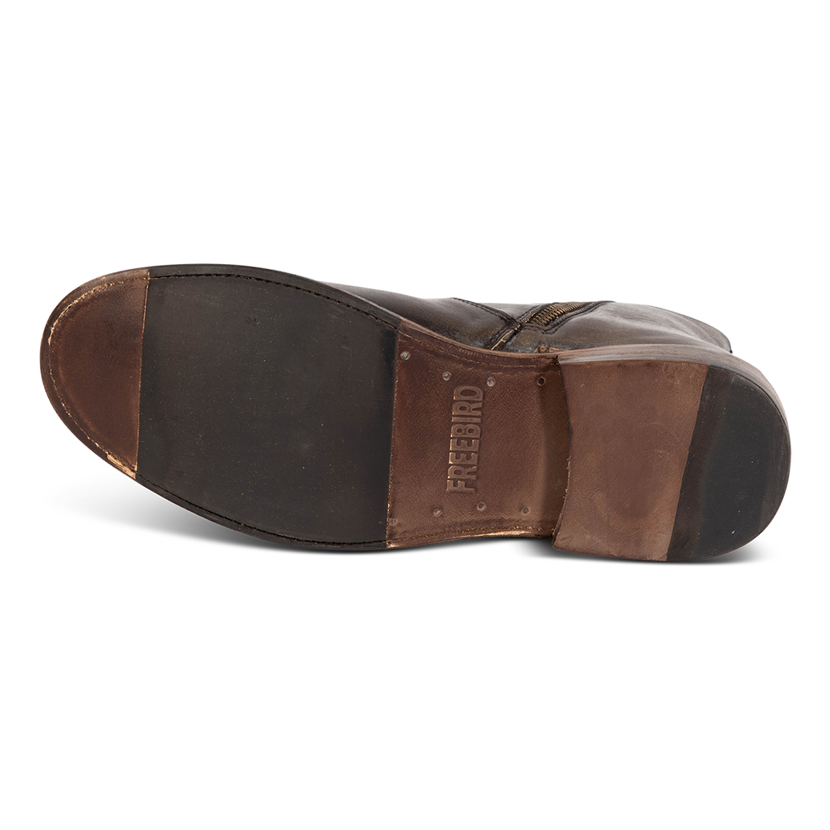 Leather and rubber sole imprinted with FREEBIRD on men's Douglas olive leather ankle boot
