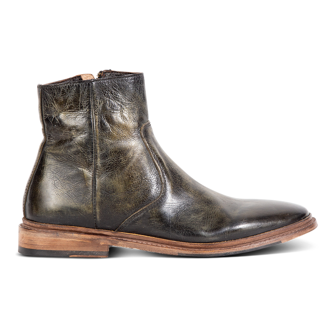 FREEBIRD men's Douglas olive leather ankle boot with an almond toe, inside zip and low heel