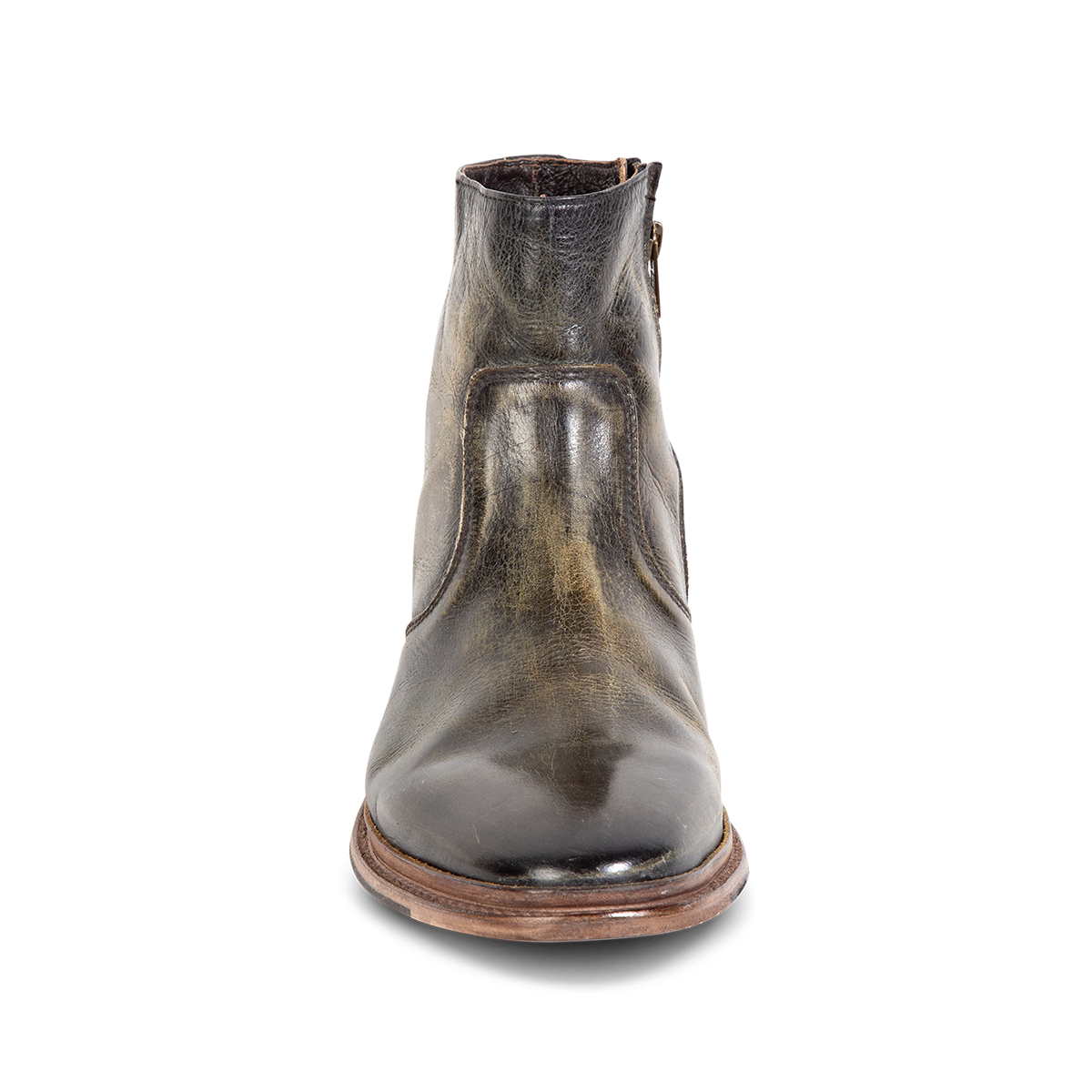 Front view showing FREEBIRD men's Douglas olive leather ankle boot with an almond toe, inside zip and low heel