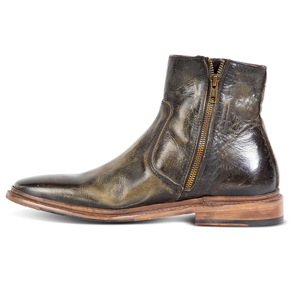 Inside view showing FREEBIRD men's Douglas olive leather ankle boot with an almond toe, inside zip and low heel