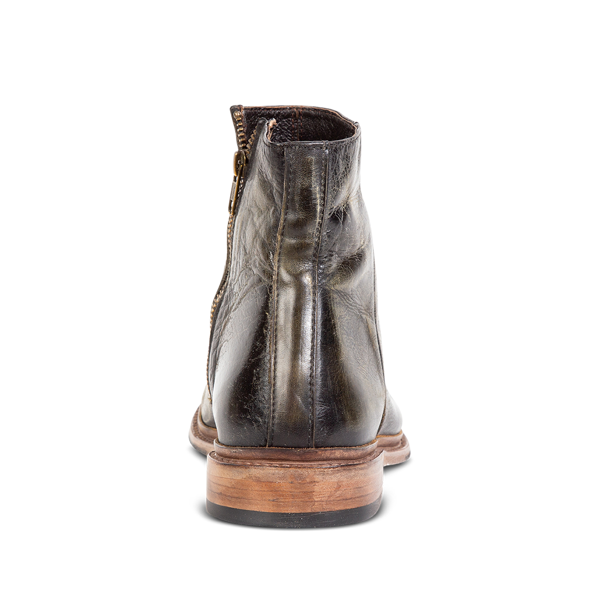 Back view showing FREEBIRD men's Douglas olive leather ankle boot with a low, lifted heel