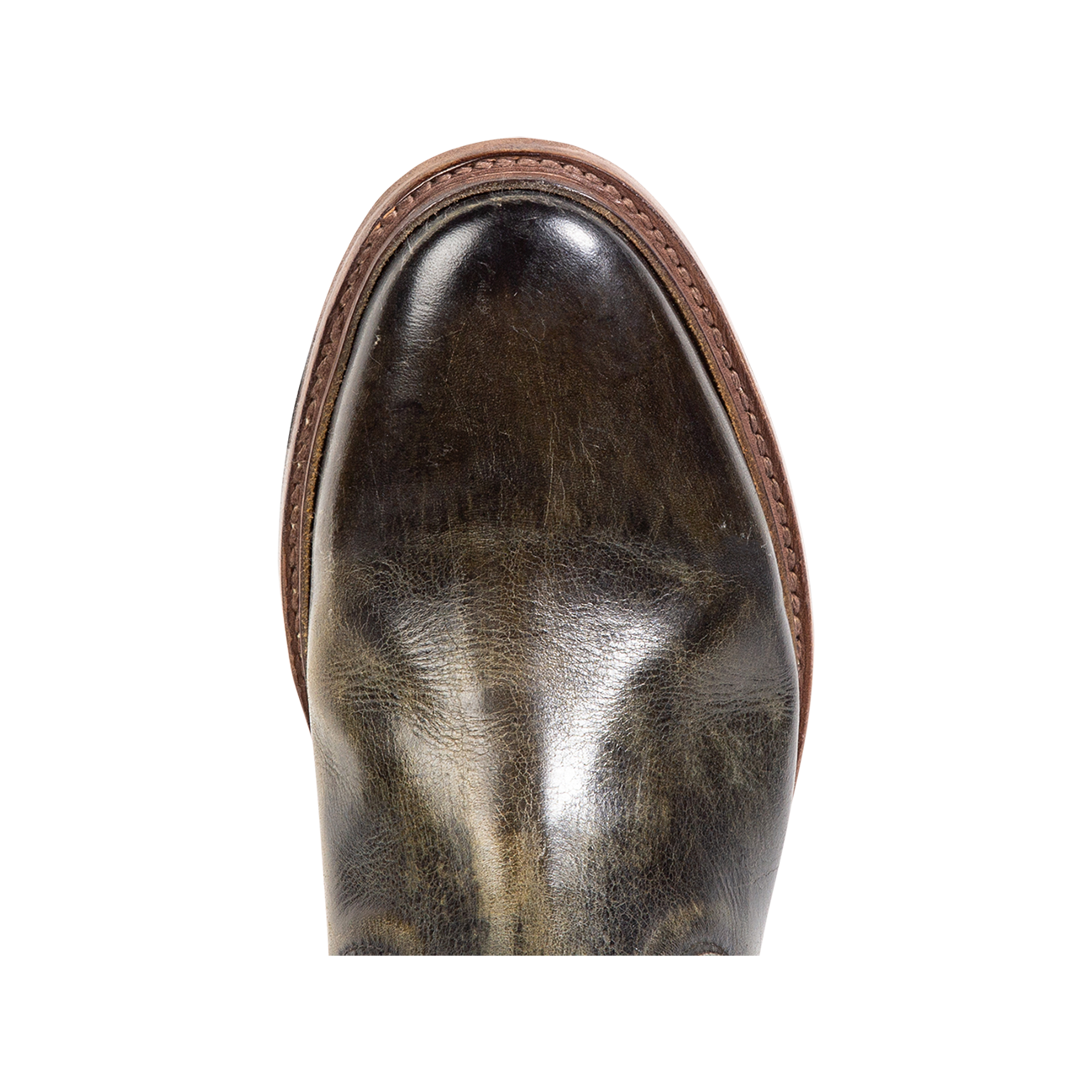 Top view showing an almond toe silhouette and 100% full grain leather on FREEBIRD men's Douglas olive leather ankle boot