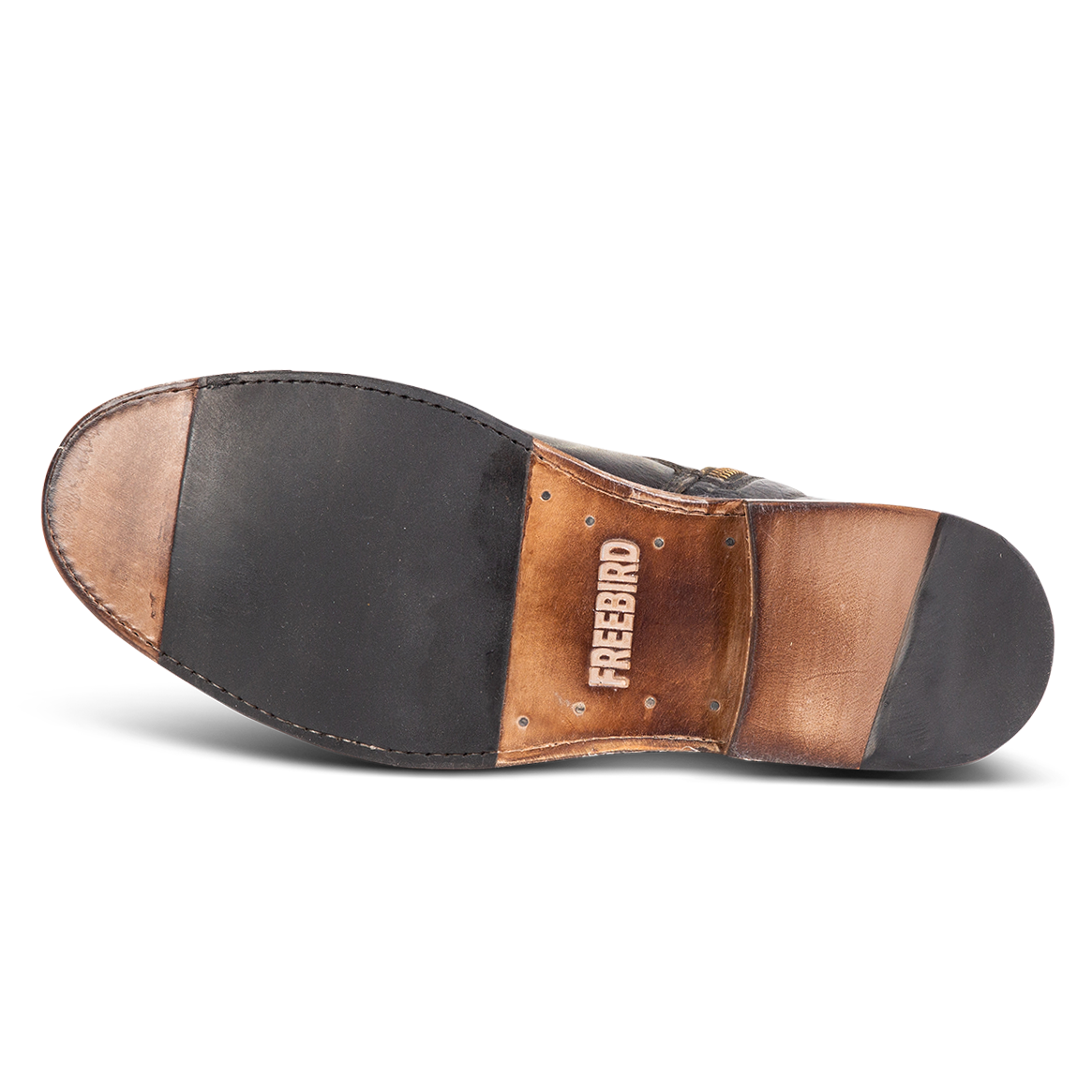 Leather and rubber sole imprinted with FREEBIRD on men's Douglas olive leather ankle boot