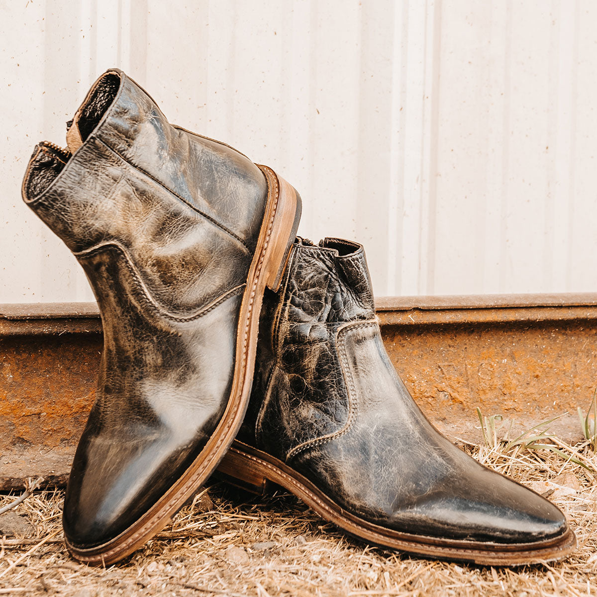 FREEBIRD men's Douglas olive leather ankle boot with an almond toe, inside zip and low heel