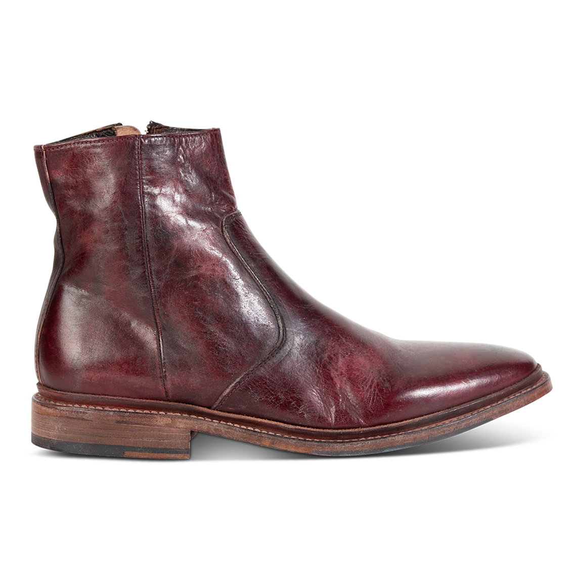 FREEBIRD men's Douglas wine leather ankle boot with an almond toe, inside zip and low heel