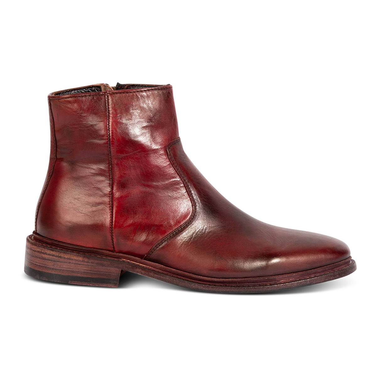 FREEBIRD men's Douglas wine leather ankle boot with an almond toe, inside zip and low heel 