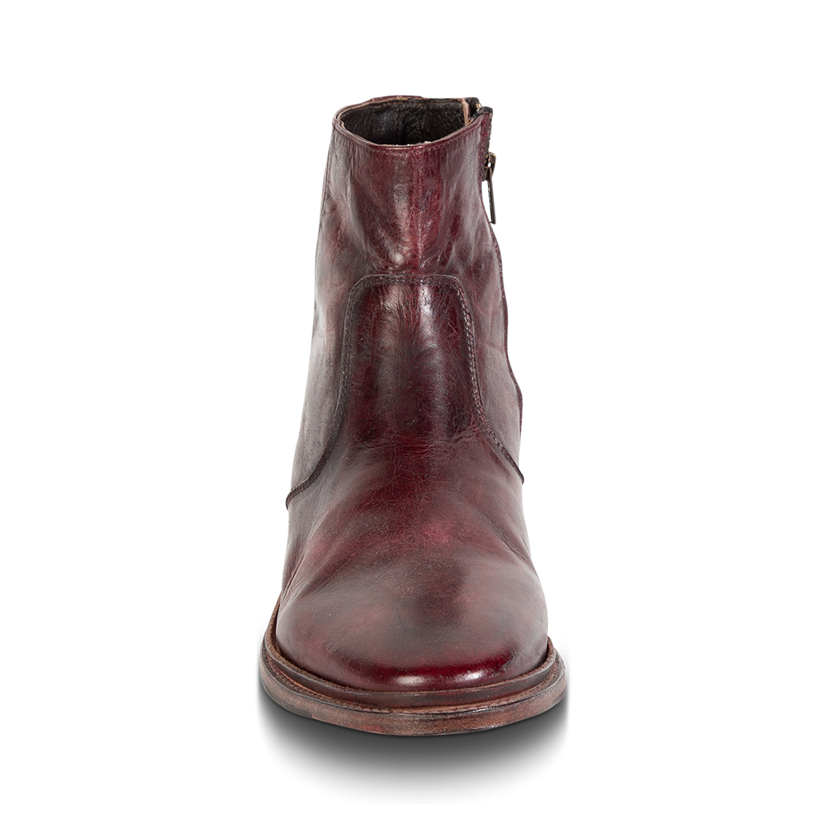 Front view showing FREEBIRD men's Douglas wine leather ankle boot with an almond toe, inside zip and low heel