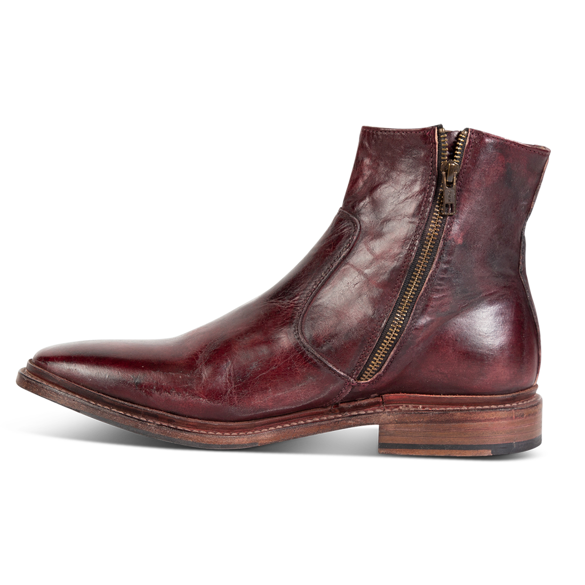 Inside view showing FREEBIRD men's Douglas wine leather ankle boot with an almond toe, inside zip and low heel