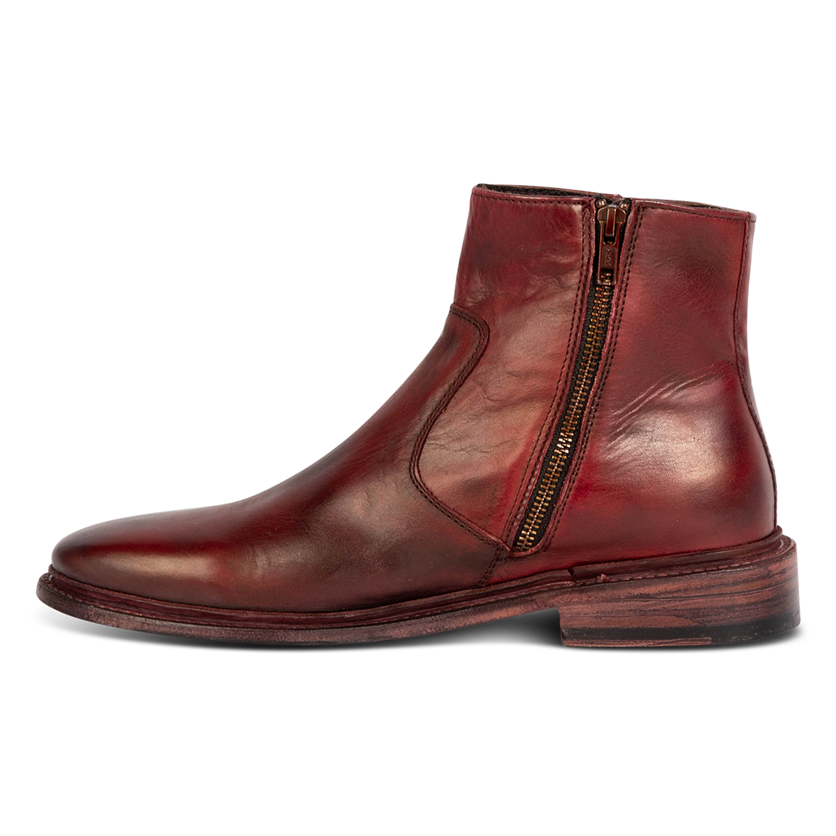 Inside view showing FREEBIRD men's Douglas wine leather ankle boot with an almond toe, inside zip and low heel