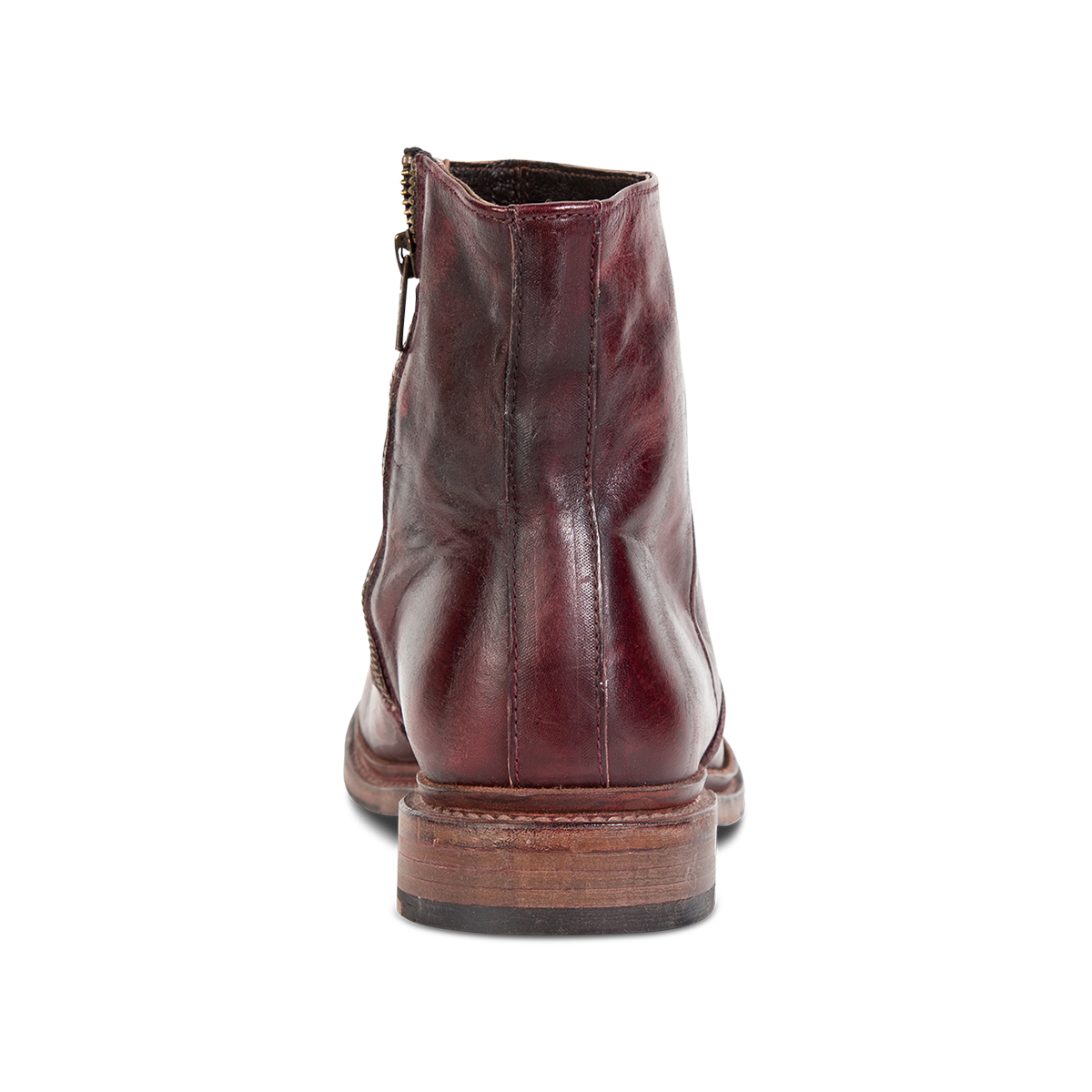 Back view showing FREEBIRD men's Douglas wine leather ankle boot with a low, lifted heel