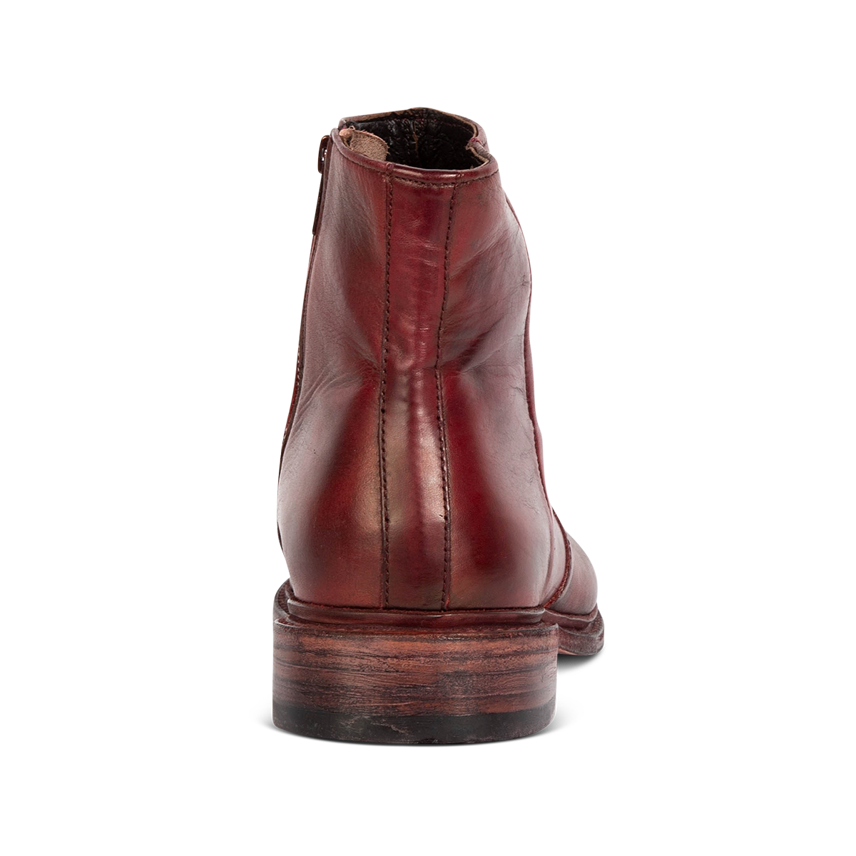 Back view showing FREEBIRD men's Douglas wine leather ankle boot with a low, lifted heel