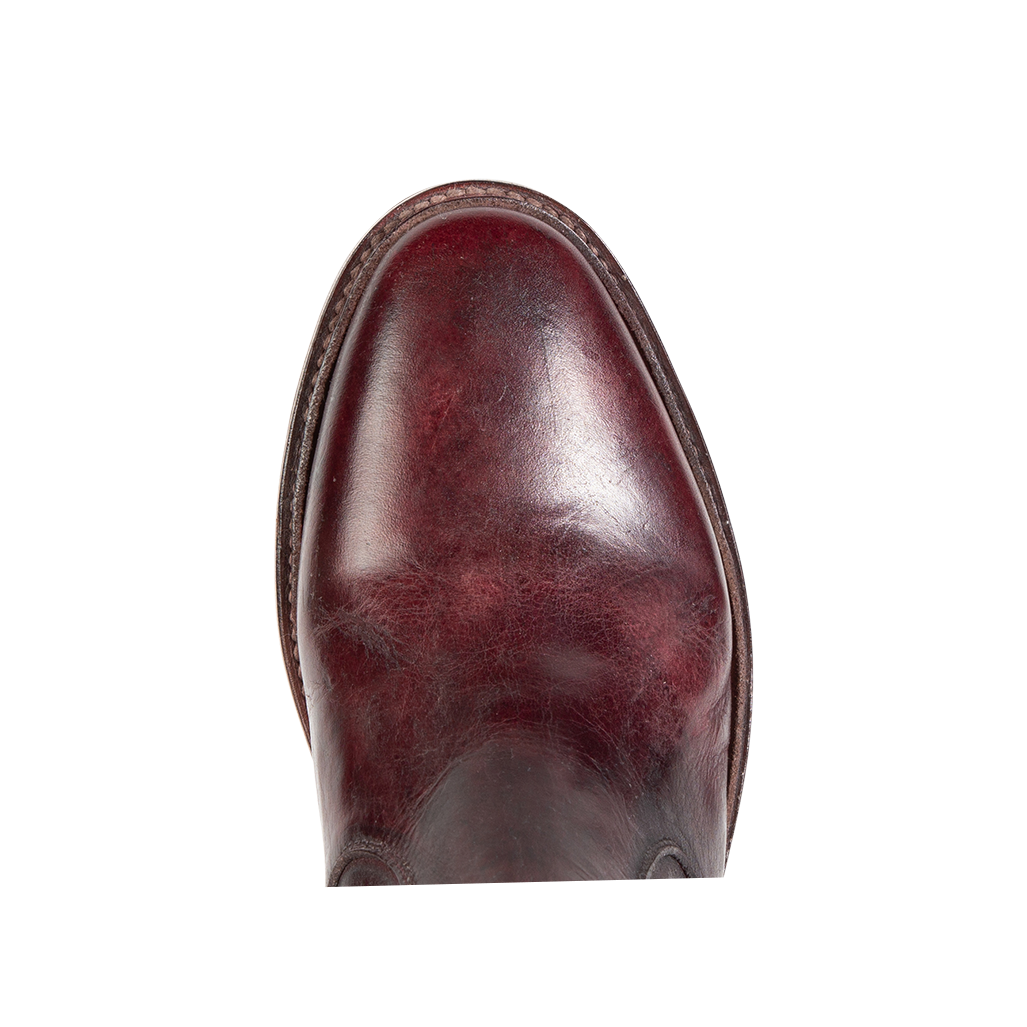 Top view showing an almond toe silhouette and 100% full grain leather on FREEBIRD men's Douglas wine leather ankle boot