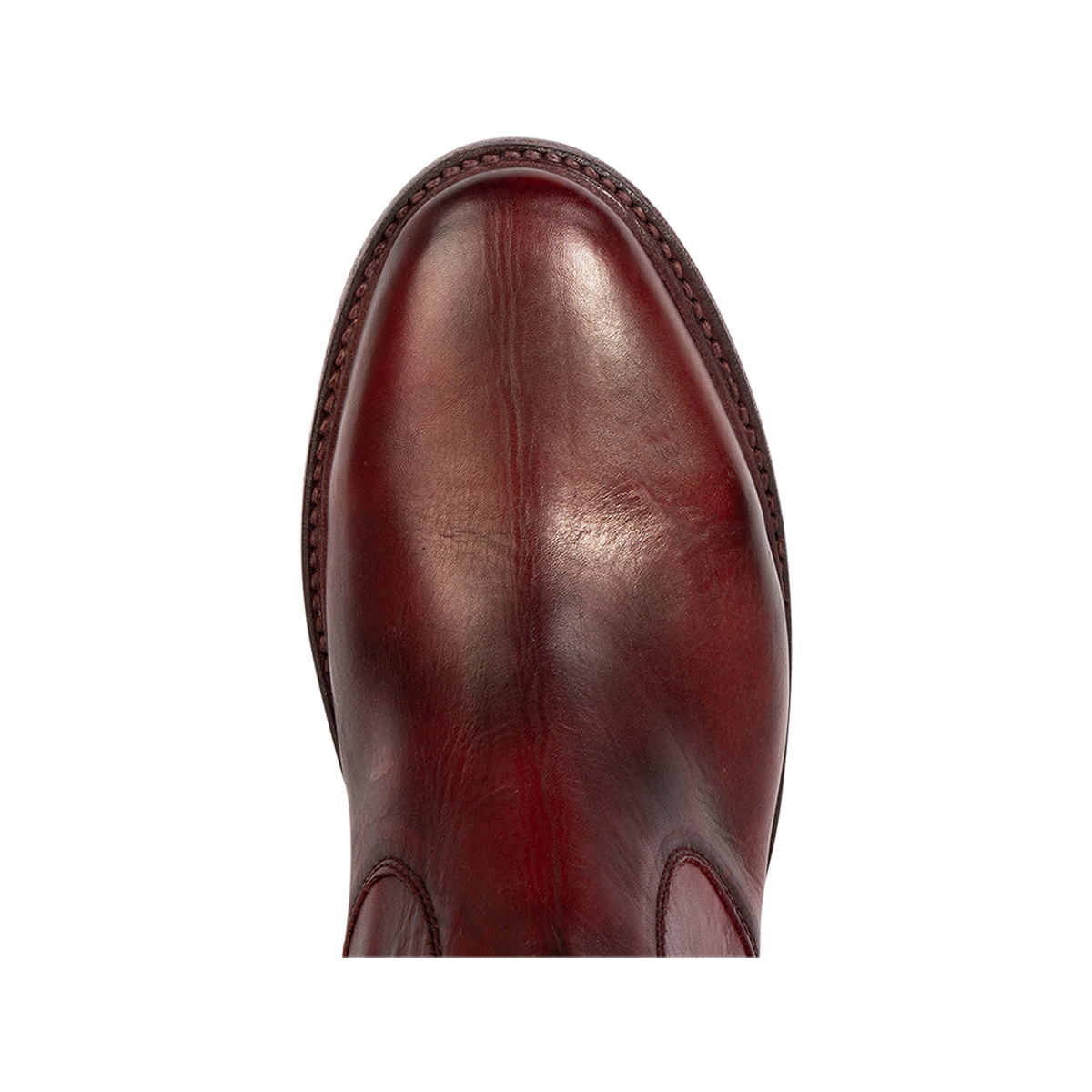 Top view showing an almond toe silhouette and 100% full grain leather on FREEBIRD men's Douglas wine leather ankle boot