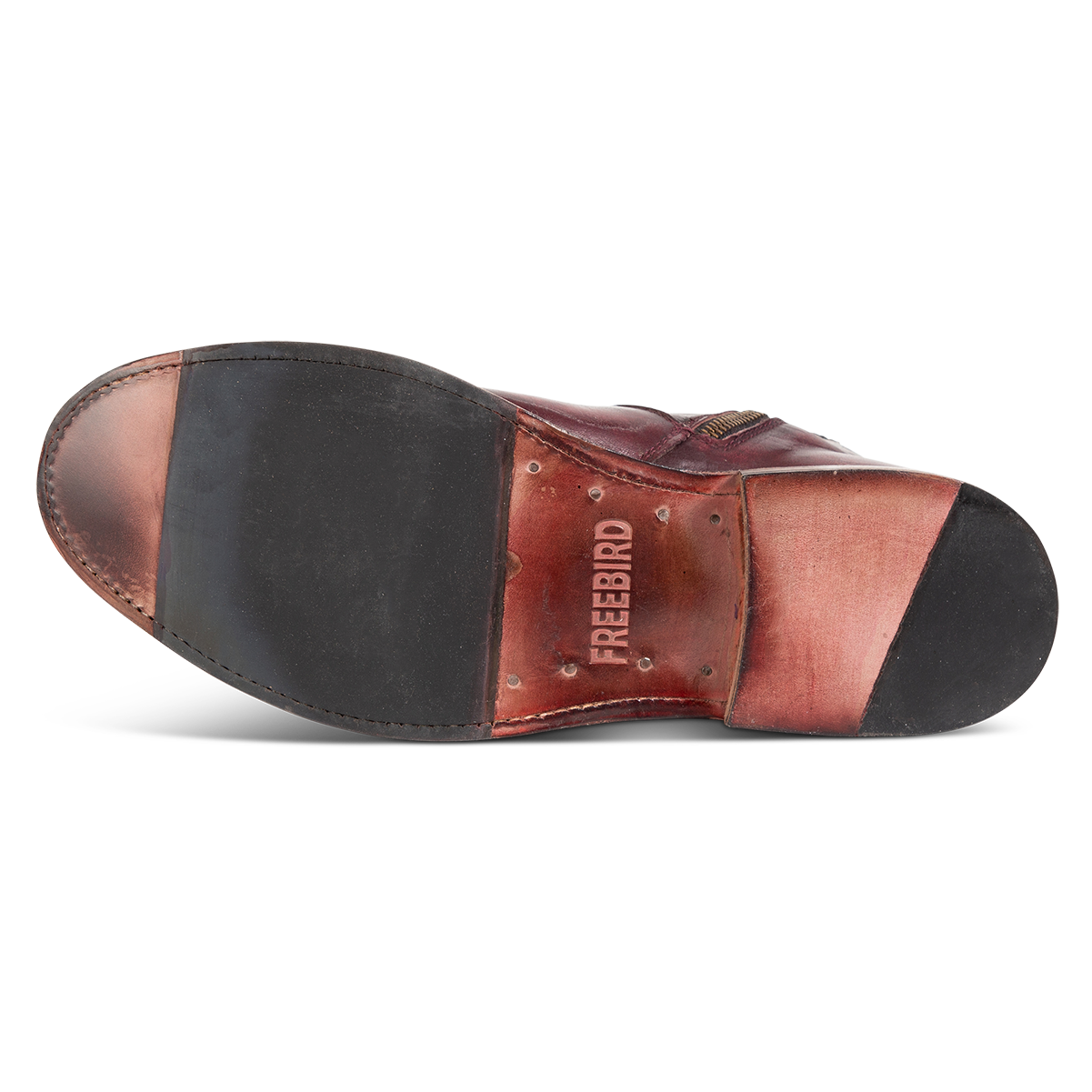 Leather and rubber sole imprinted with FREEBIRD on men's Douglas wine leather ankle boot