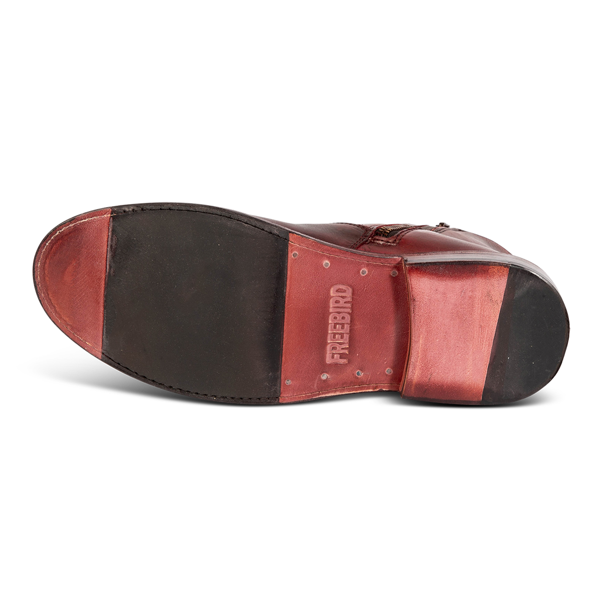 Leather and rubber sole imprinted with FREEBIRD on men's Douglas wine leather ankle boot