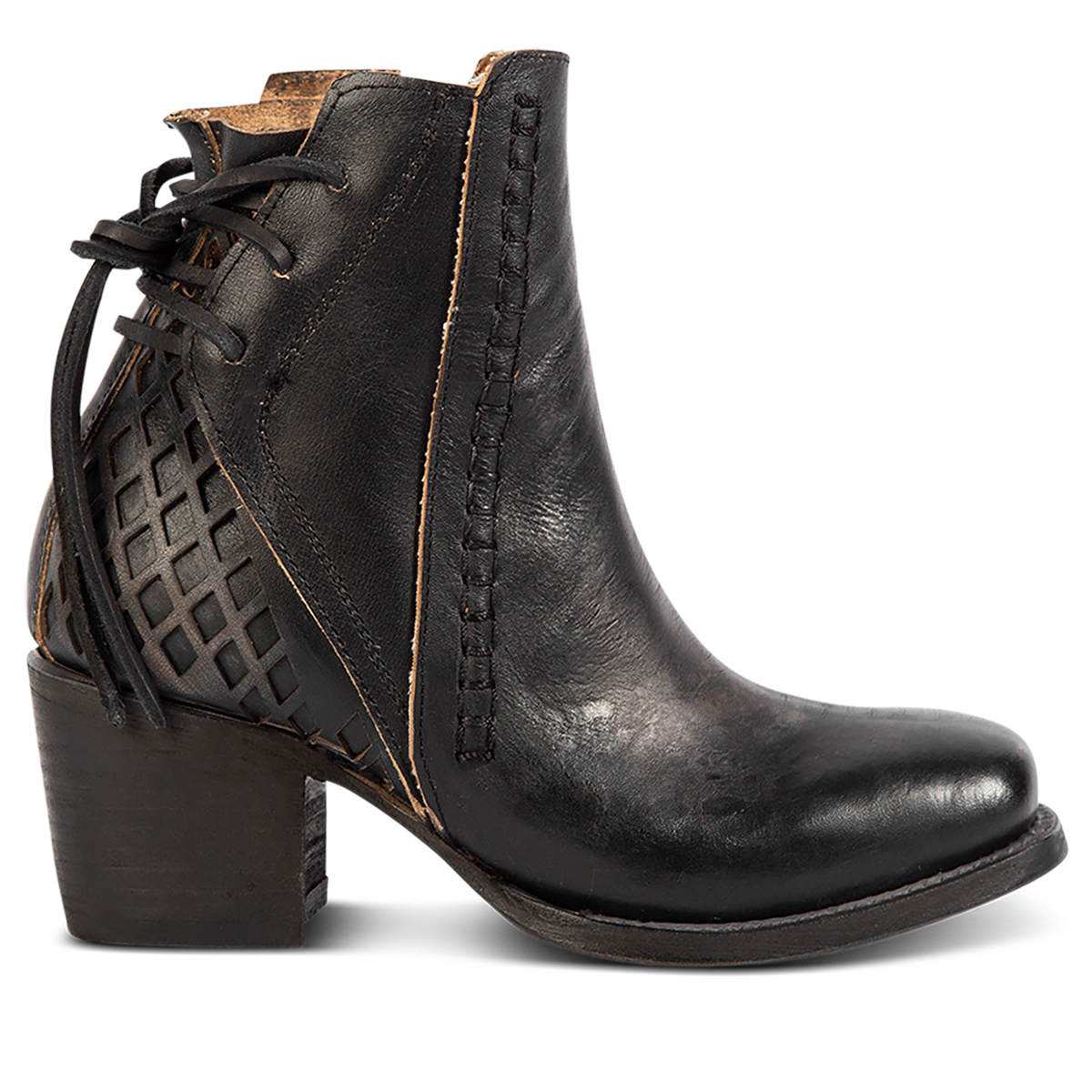 FREEBIRD women's Dreamer black leather bootie with laser cut detailing, leather tie back straps, a stacked heel and square toe