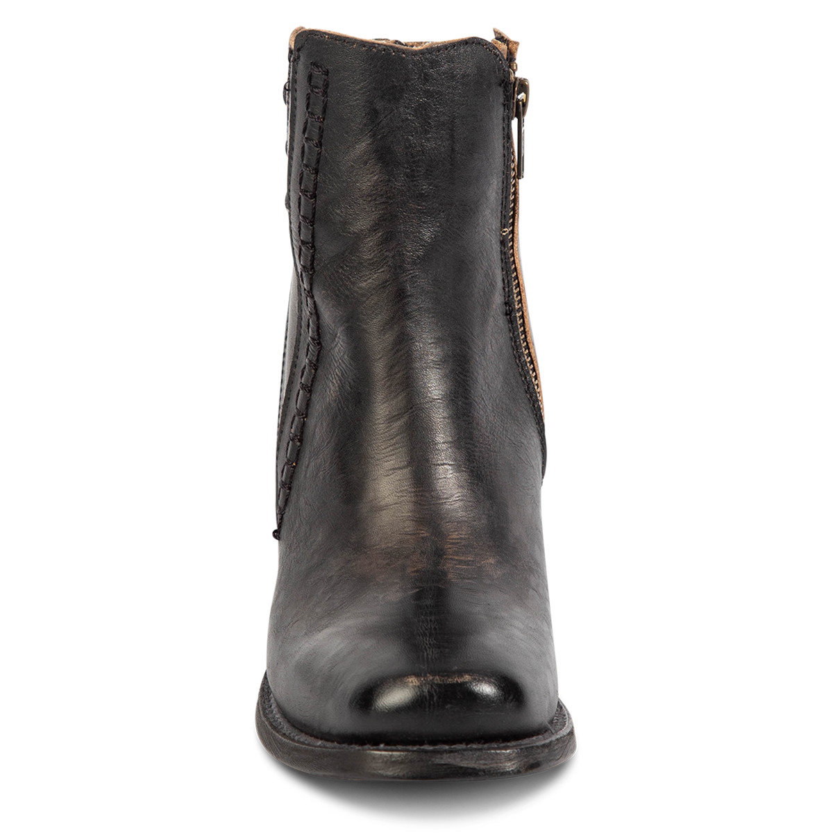 Front view showing FREEBIRD women's Dreamer black leather bootie with a square toe, inside working brass zipper and stitch detailing