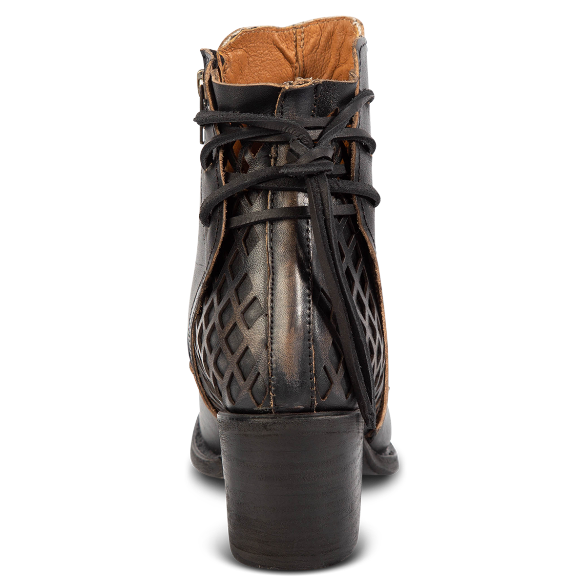 Back view showing laser cut detailing, leather tie laces and a stacked heel on FREEBIRD women's Dreamer black leather bootie 