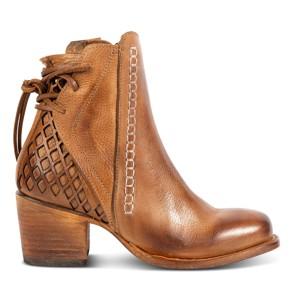 FREEBIRD women's Dreamer wheat leather bootie with laser cut detailing, leather tie back straps, a stacked heel and square toe lifestyle