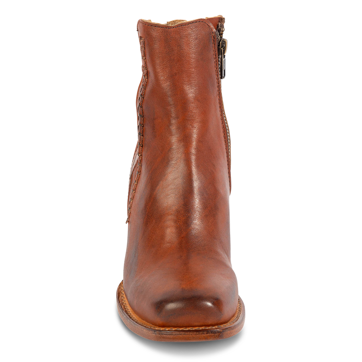 Front view showing FREEBIRD women's Dreamer whiskey leather bootie with a square toe, inside working brass zipper and stitch detailing