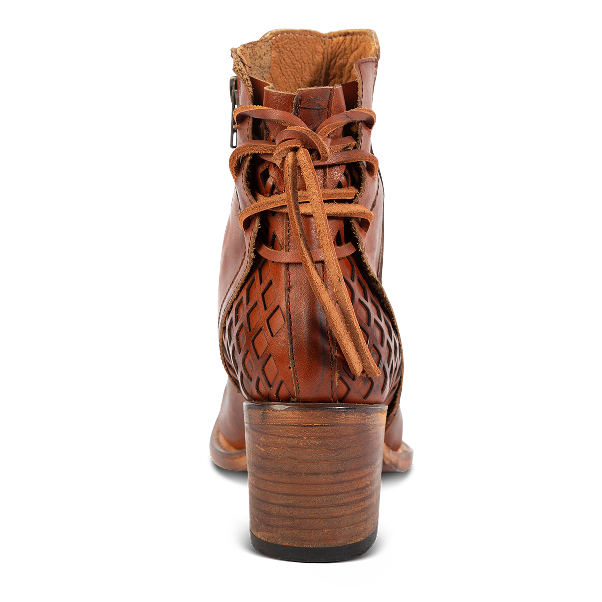 Back view showing laser cut detailing, leather tie laces and a stacked heel on FREEBIRD women's Dreamer whiskey leather bootie