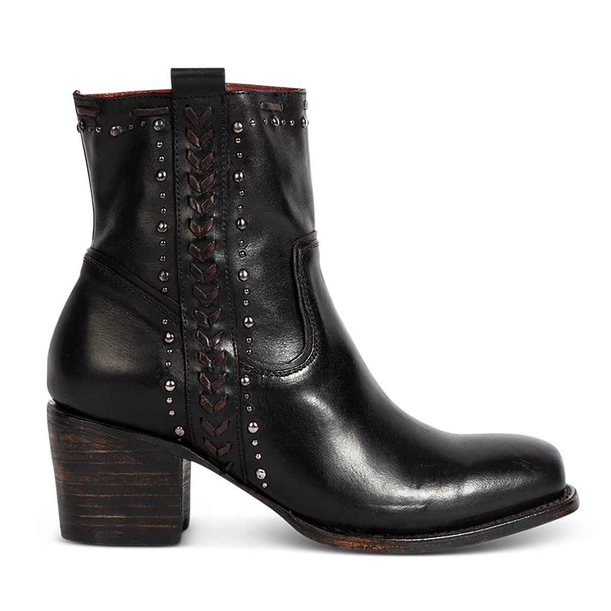FREEBIRD Women's Duke black leather bootie with stud and whip stitch detailing, a full working inside zipper and square toe construction