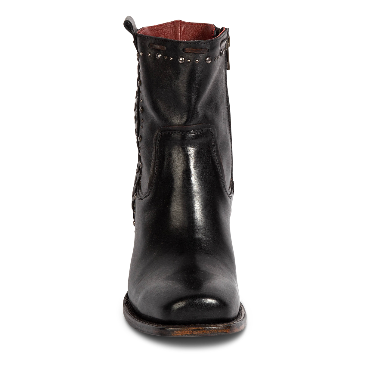 Front view showing FREEBIRD Women's Duke black leather bootie with stud and whip stitch detailing and square toe construction