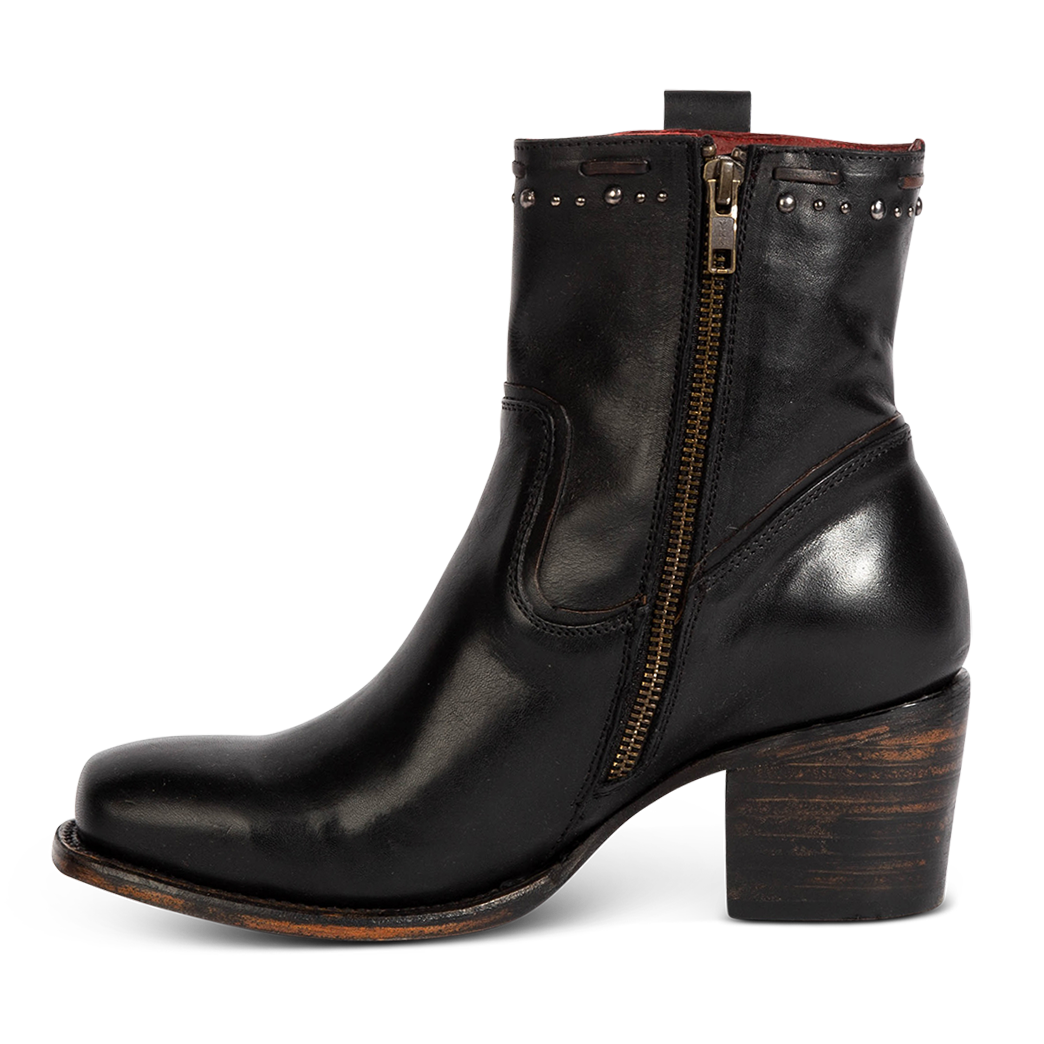 Inside view showing FREEBIRD Women's Duke black leather bootie with stud and whip stitch detailing, a full working inside zipper and square toe construction