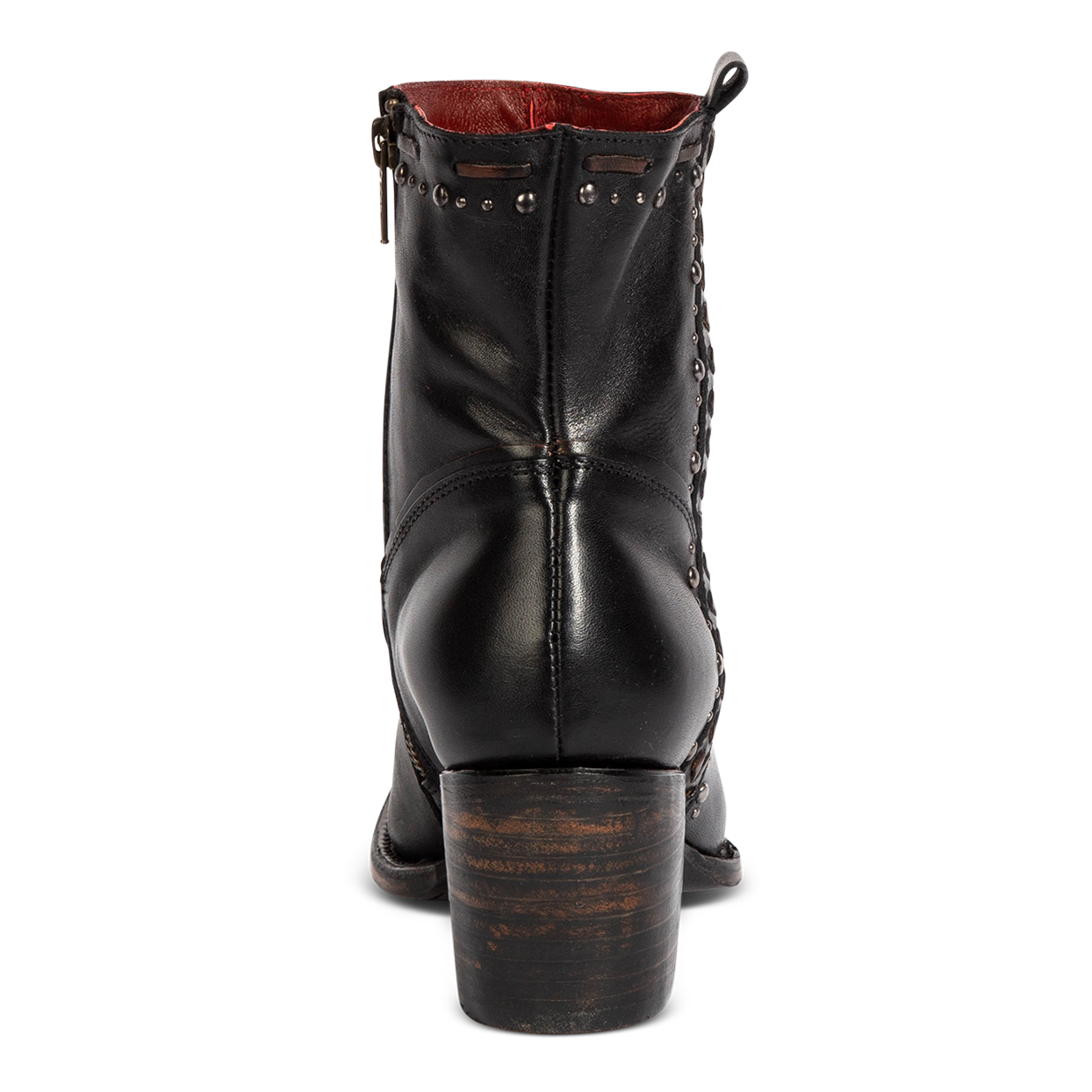 Back view showing FREEBIRD Women's Duke black leather bootie with stud and whip stitch detailing, a full working inside zipper block heel 