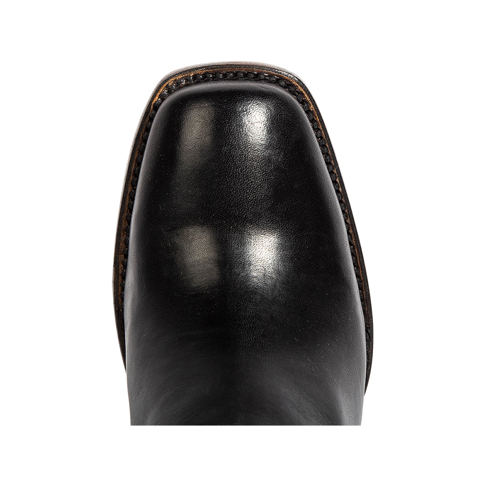 Top view showing solid leather on a square toe construction on FREEBIRD women's Duke black leather bootie