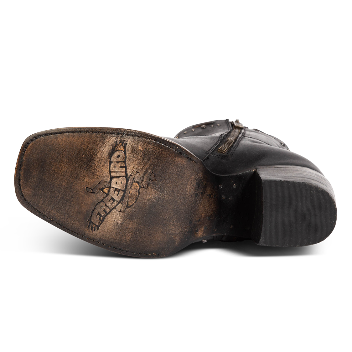 Leather sole imprinted with FREEBIRD on women's Duke black leather mid heeled bootie