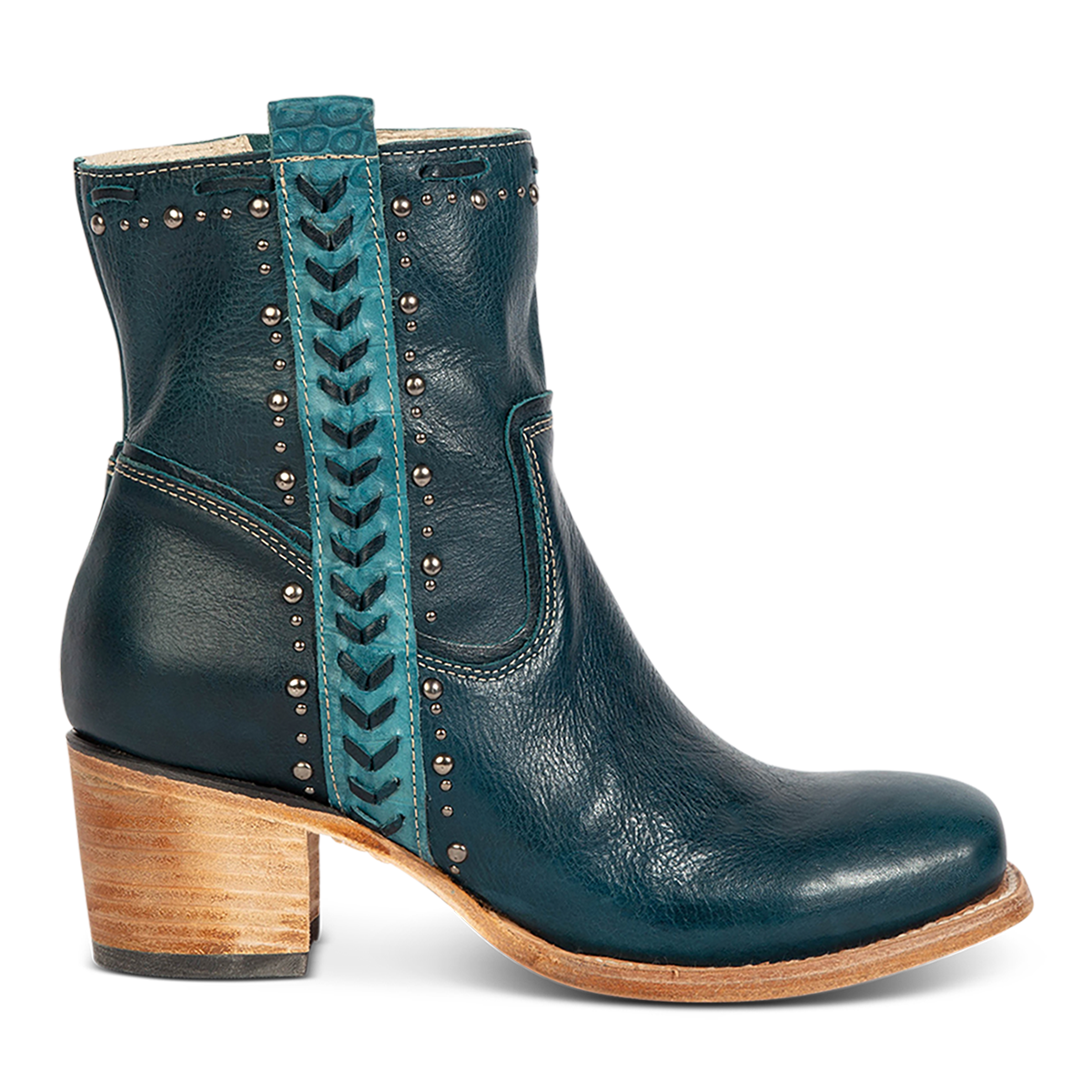FREEBIRD Women's Duke blue leather bootie with stud and whip stitch detailing, a full working inside zipper and square toe construction