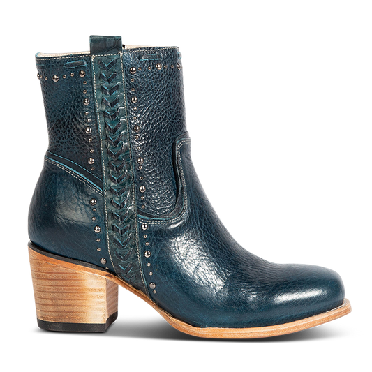 FREEBIRD Women's Duke blue leather bootie with stud and whip stitch detailing, a full working inside zipper and square toe construction