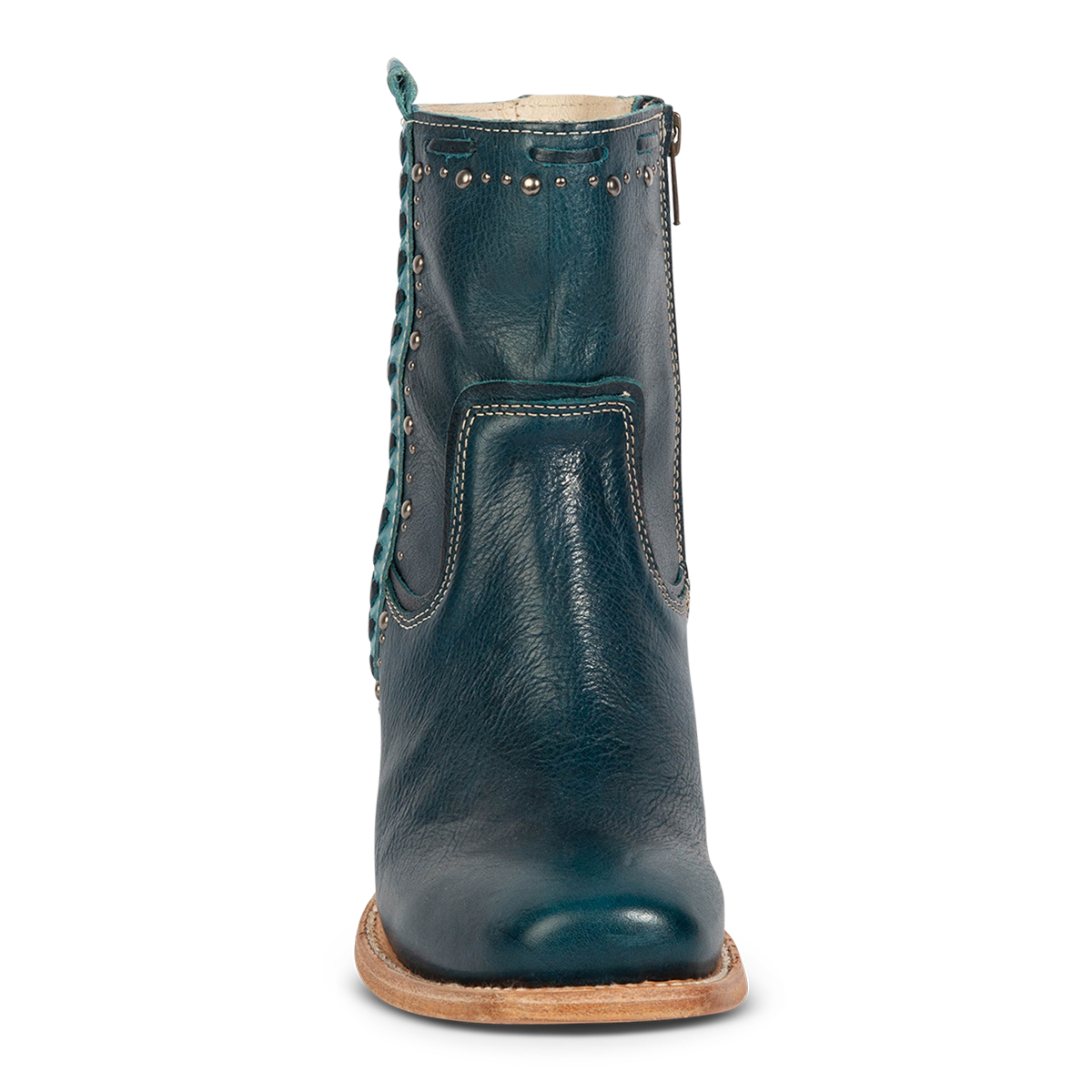 Front view showing FREEBIRD Women's Duke blue leather bootie with stud and whip stitch detailing and square toe construction
