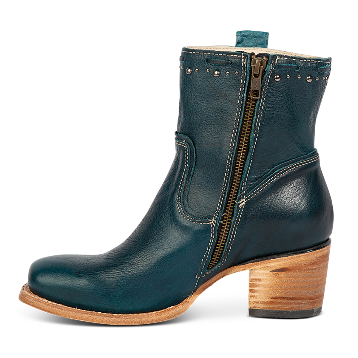 Inside view showing FREEBIRD Women's Duke blue leather bootie with stud and whip stitch detailing, a full working inside zipper and square toe construction