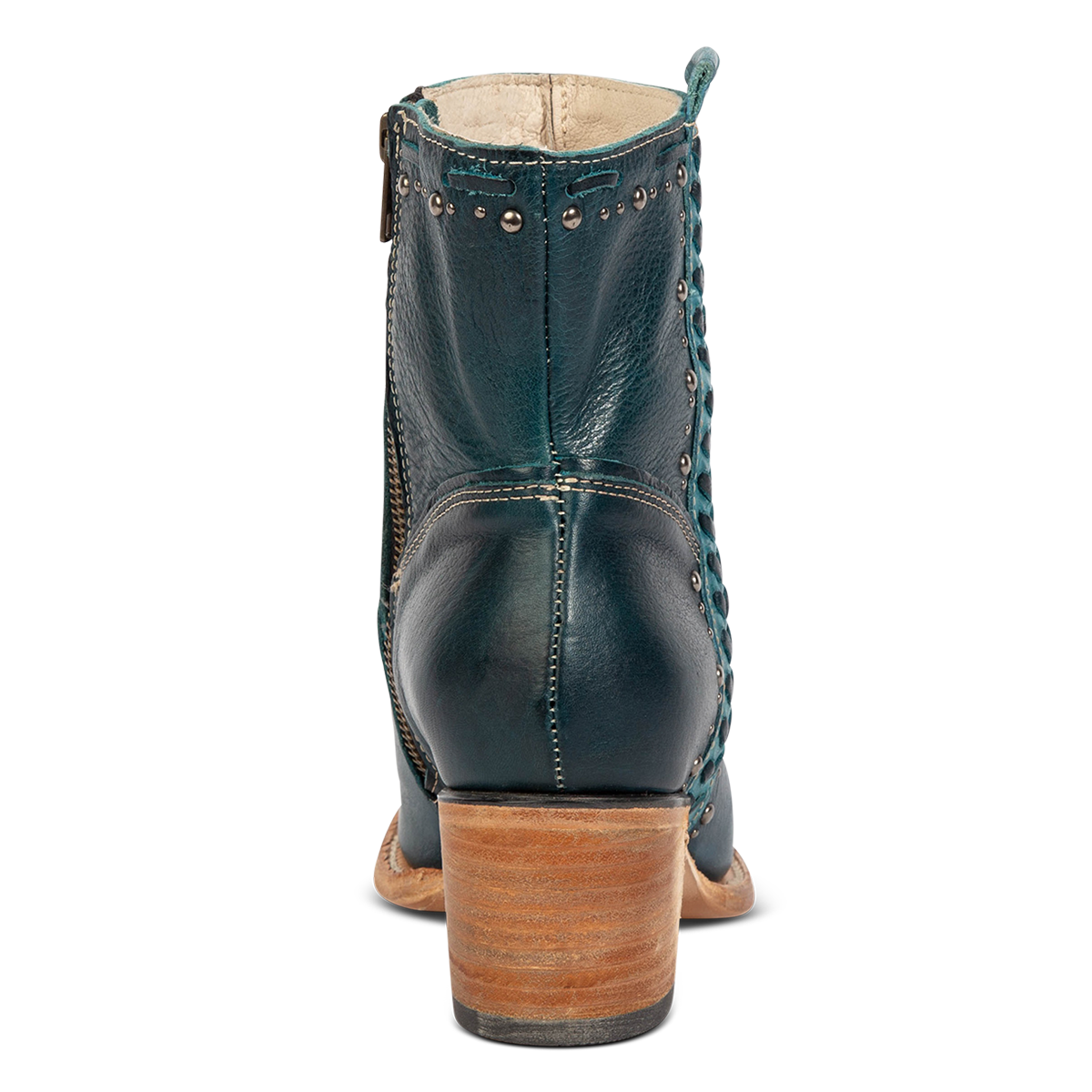Back view showing FREEBIRD Women's Duke blue leather bootie with stud and whip stitch detailing, a full working inside zipper block heel 
