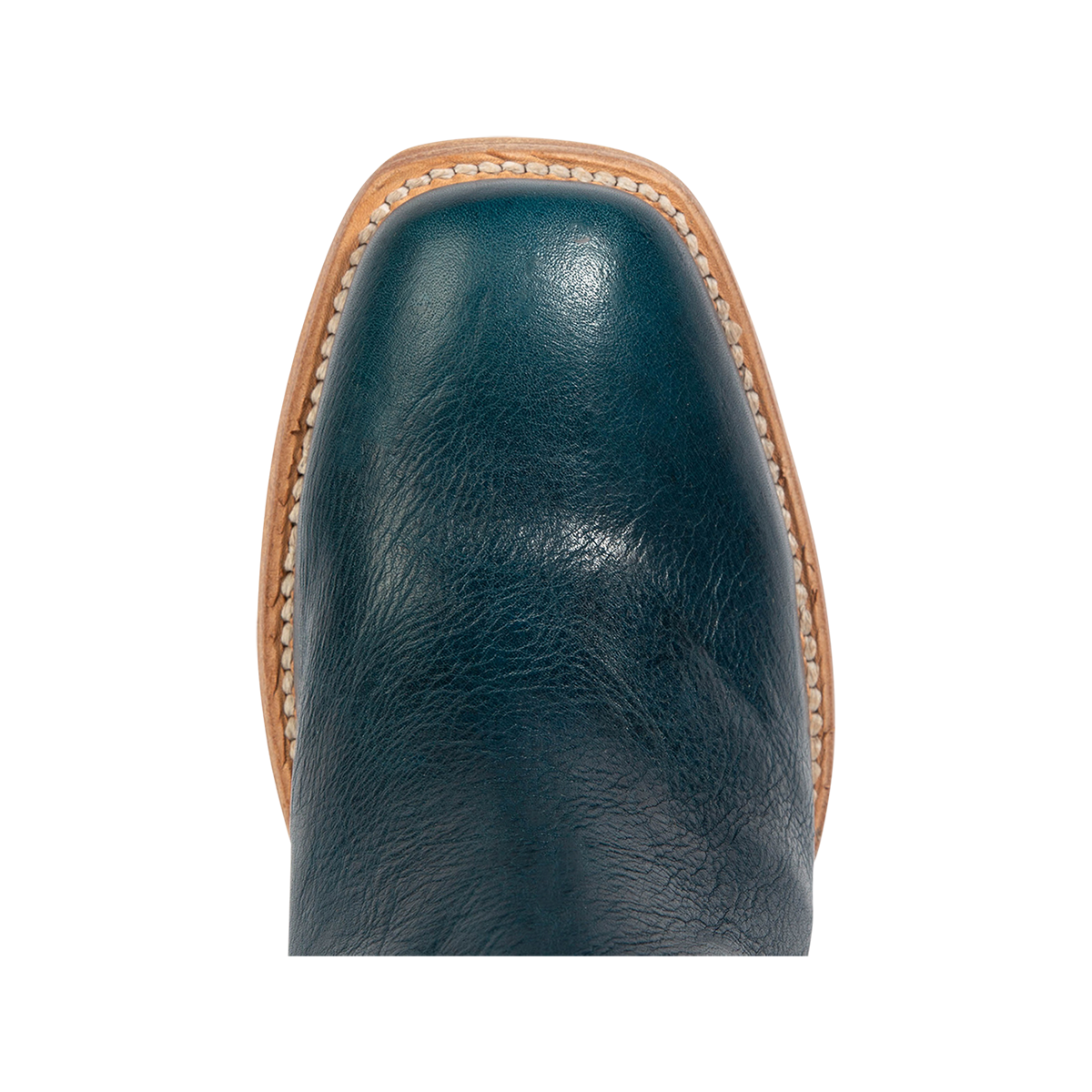 Top view showing solid leather on a square toe construction on FREEBIRD women's Duke blue leather bootie