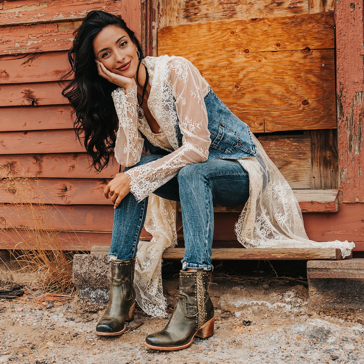 FREEBIRD Women's Duke green leather bootie with stud and whip stitch detailing, a full working inside zipper and square toe construction lifestyle