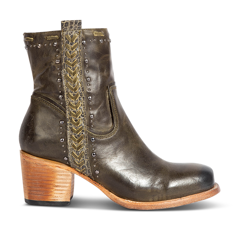 FREEBIRD Women's Duke green leather bootie with stud and whip stitch detailing, a full working inside zipper and square toe construction