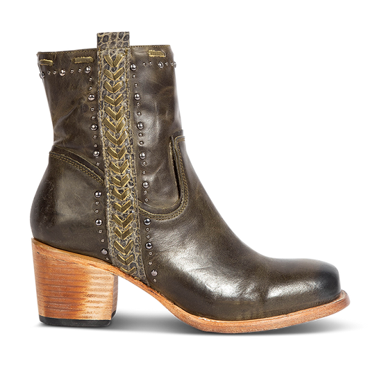 FREEBIRD Women's Duke green leather bootie with stud and whip stitch detailing, a full working inside zipper and square toe construction