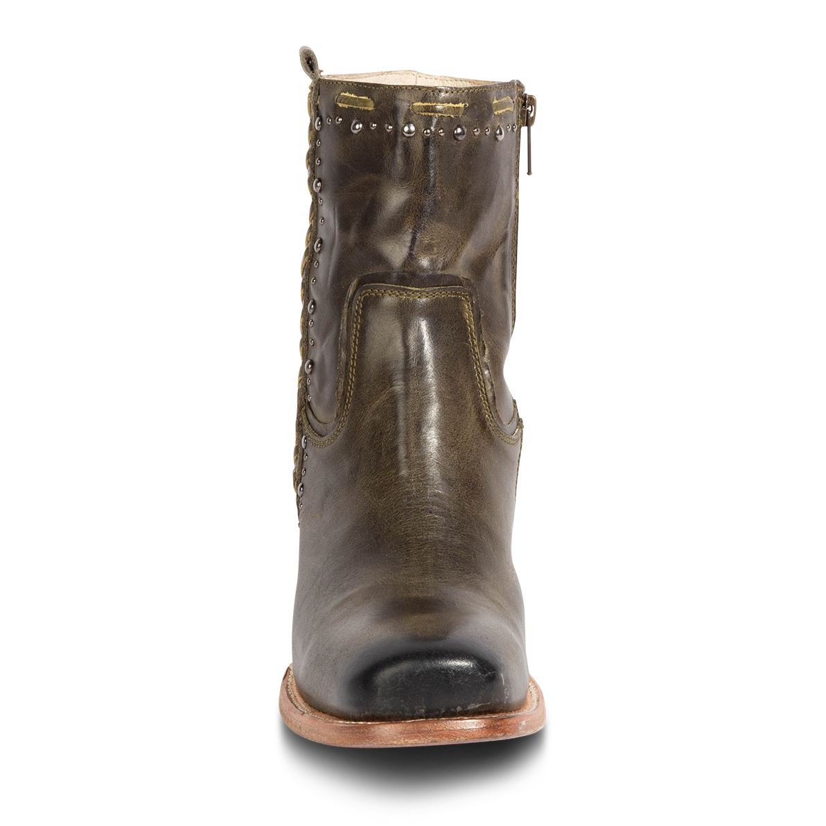 Front view showing FREEBIRD Women's Duke green leather bootie with stud and whip stitch detailing and square toe construction